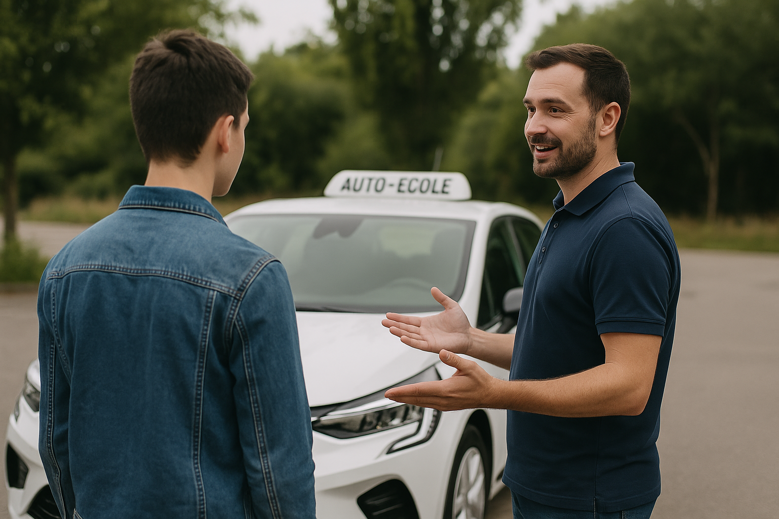 Moniteur et élève devant véhicule auto-école